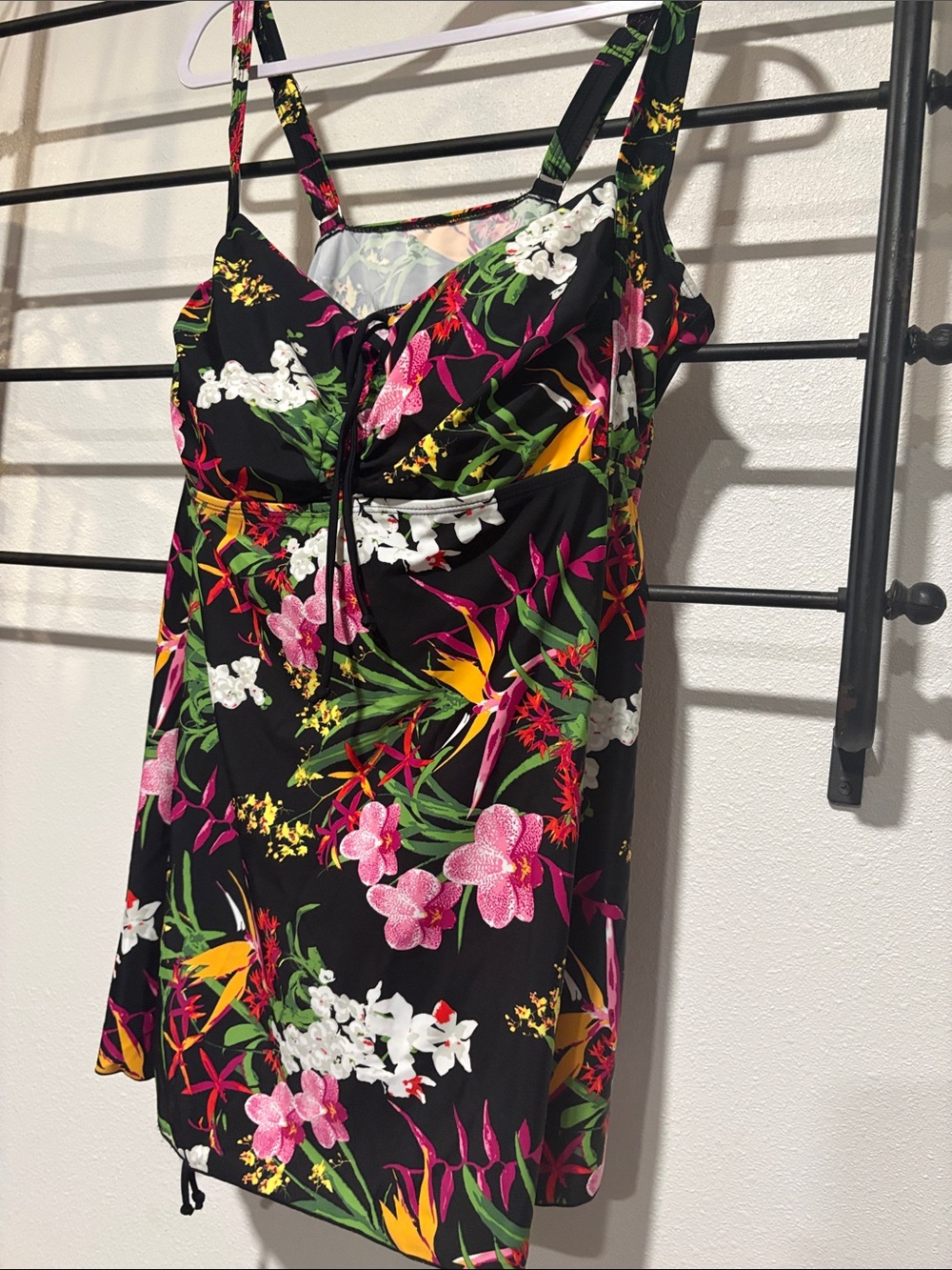Floral Black Tankini Swim Dress with Pink & Green Botanical Print